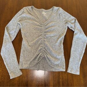 Hollister Long Sleeve Gray Shirt Ruched Tie Front Soft Knit Ribbed V Neck Medium